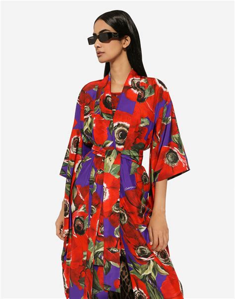 Silk kimono robe with anemone print 